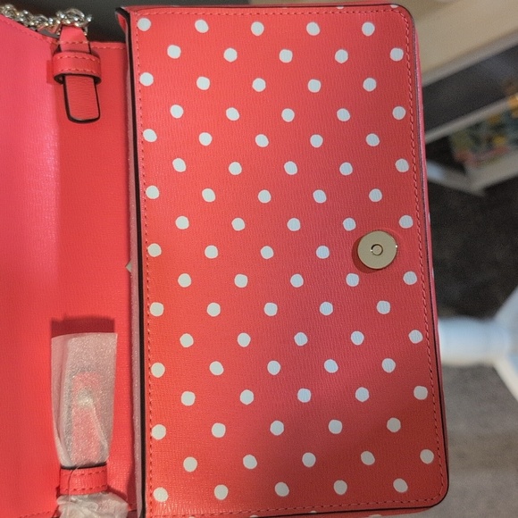 Coral Pink Kate Spade Spencer Polka Dots Crossbody Wallet on Gold Chain NWT - Picture 5 of 10